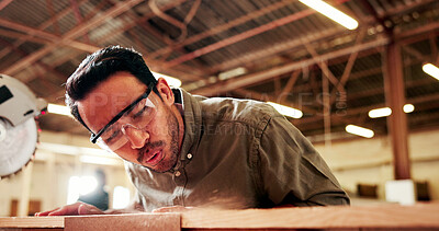 Buy stock photo Blow, woodworking and sawdust with man in warehouse for manufacturing or production process. Cleaning, ppe and safety with person in carpentry factory for construction of industrial furniture