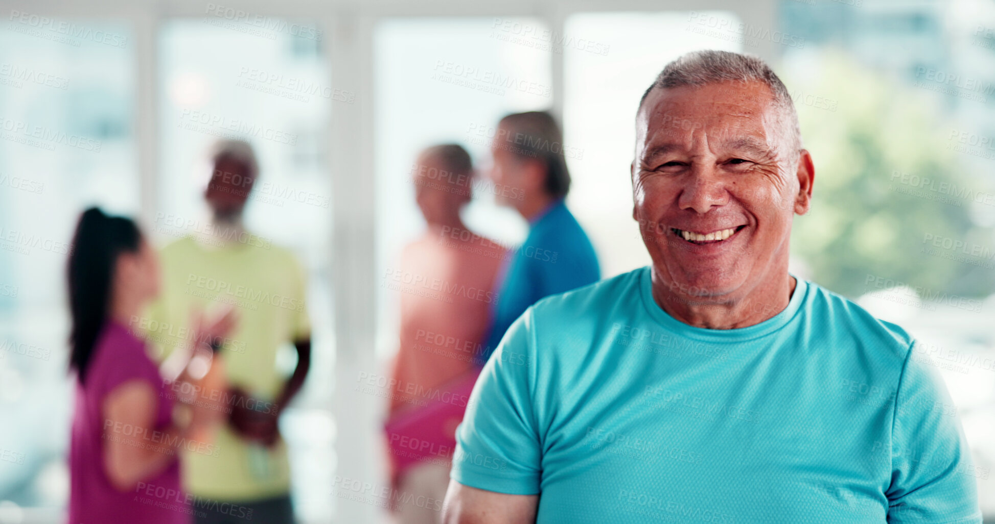 Buy stock photo Happy, fitness class and portrait of senior man in studio for yoga with wellness, balance or health. Smile, retirement and elderly male person at group pilates session for exercise in morning.