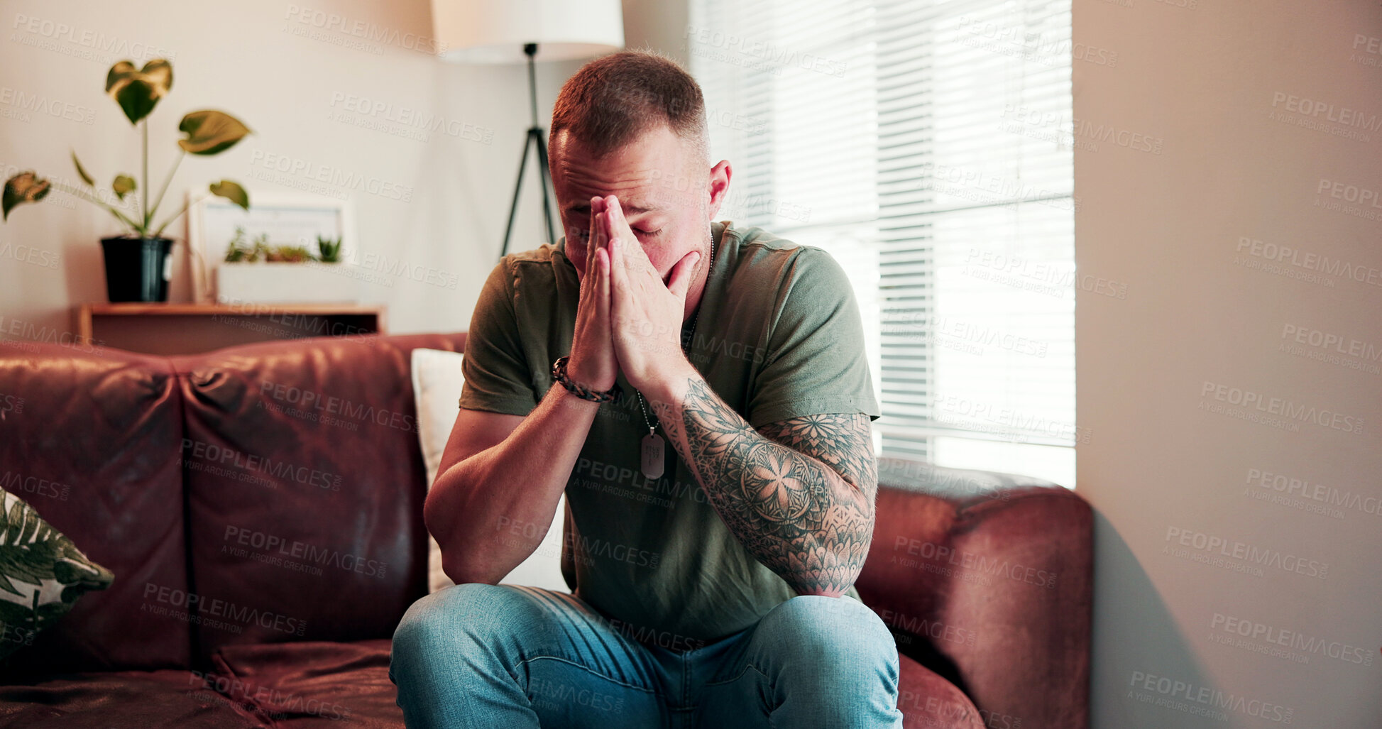 Buy stock photo Therapy, office and man with anxiety for session, ptsd and thinking of trauma on sofa or psychology. Counseling, appointment and person with depression, mental health and patient with bad memories