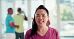 Happy, fitness class and portrait of senior woman in studio for yoga with wellness, balance or health. Smile, retirement and elderly female person at group pilates session for exercise in morning.
