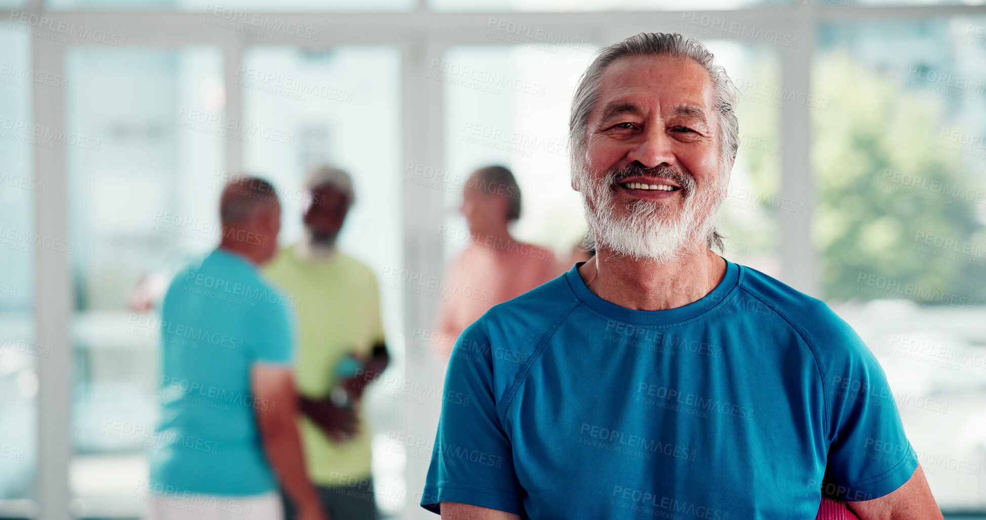 Buy stock photo Fitness, portrait and senior man in pilates class for health, training or wellness activity. Exercise, happy and satisfaction with old person in studio for commitment, dedication or retirement