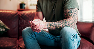 Buy stock photo Therapy, hands and person with anxiety, stress and sharing for PTSD counselling and mental health. Psychology, veteran and nervous for evaluation in clinic with consultation, grief and trauma support