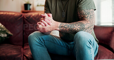 Buy stock photo Hands, nervous and man on sofa with psychologist for help, advice or feedback on mental health. Assessment, psychiatry and male person with depression in therapy session for wellness at clinic.
