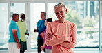 Arms crossed, exercise and portrait of woman in pilates class for health, training or wellness activity. Fitness, happy and satisfaction with excited senior person in studio for holistic vitality