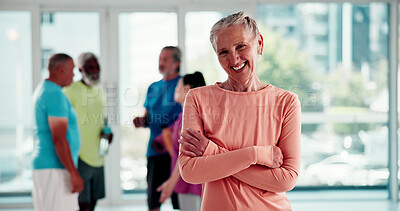 Buy stock photo Arms crossed, exercise and portrait of woman in pilates class for health, training or wellness activity. Fitness, happy and satisfaction with excited senior person in studio for holistic vitality