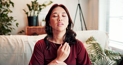 Buy stock photo Breathe, therapy and woman on sofa for calm, mindfulness and healing for counseling session. Psychology, somatic therapist and person with breathwork for awareness, emotions regulation and wellness