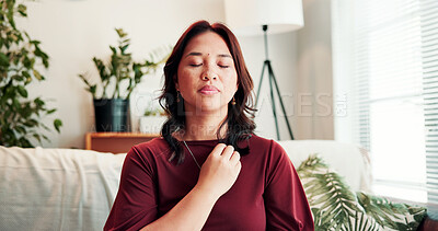 Buy stock photo Breathe, holistic therapy and woman on sofa for calm, mindfulness and healing for counseling. Psychology, somatic therapist and person with breathwork for awareness, emotions regulation and energy