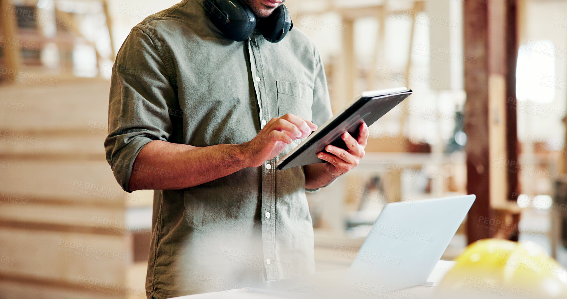 Buy stock photo Carpenter, planning and hands with tablet in workshop, creative project or online research for craft. Internet, furniture inspiration or man with tech for woodwork, check deadline or production info