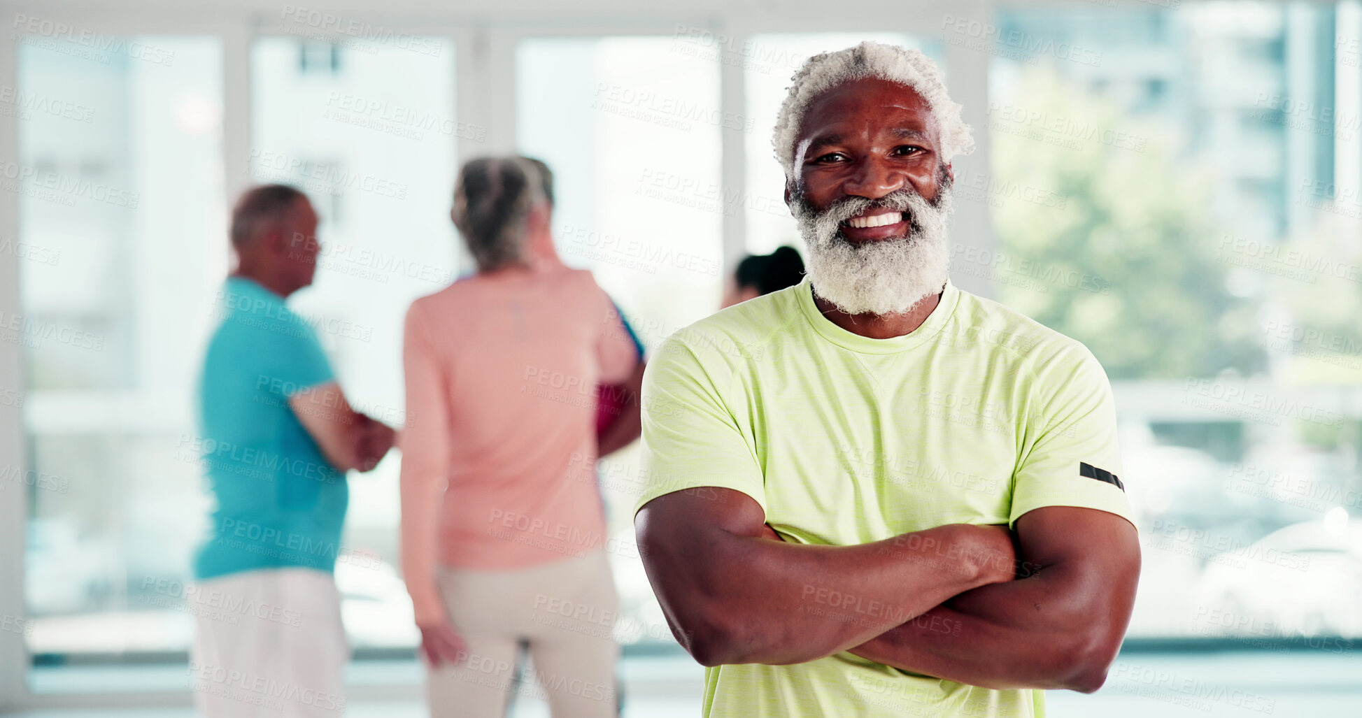 Buy stock photo Arms crossed, fitness, portrait of man in pilates class for health, training or wellness activity. Exercise, satisfaction and smile of happy senior person in studio for commitment or dedication
