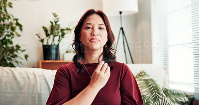 Buy stock photo Breathe, therapy and portrait of woman on sofa for calm, mindfulness and holistic counseling. Psychology, somatic therapist and person with breathwork for awareness, emotion regulation and healing