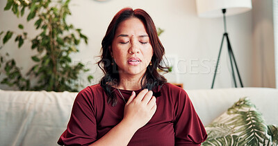 Buy stock photo Breathe, therapy and woman on sofa for holistic healing, mindfulness and calm for counseling. Psychology, somatic therapist and person with breathwork for awareness, emotion regulation or eft tapping