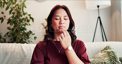 Buy stock photo Therapy, video call and tapping with woman in office for pressure point relief, consulting and teaching. Eft, virtual advisor and counseling with person in holistic clinic for energy release