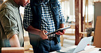 Carpenter, people or hands with tablet in workshop, manufacturing timeline or material cost research. Review, project planning or men with tech for woodwork schedule, production info or lumber price