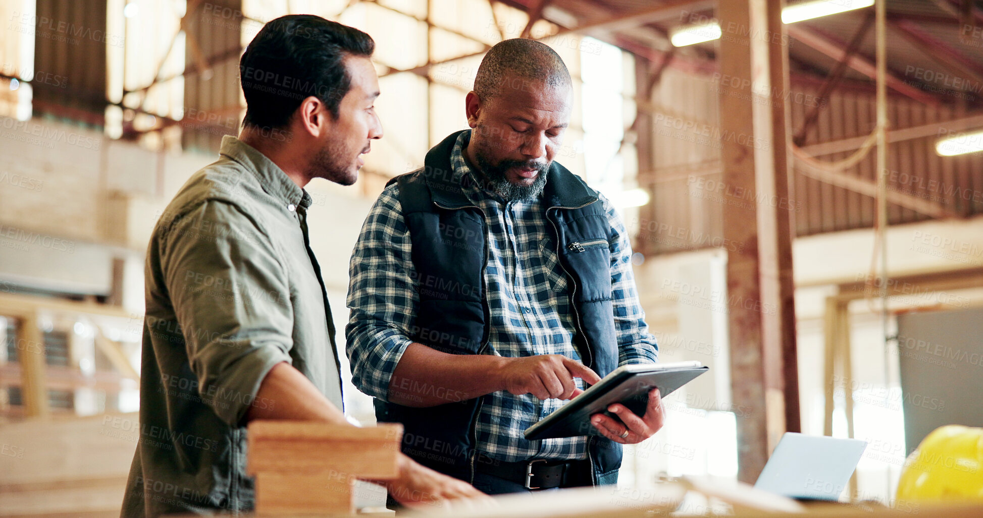 Buy stock photo Carpenter, people or reading on tablet in workshop, manufacturing timeline or material cost research. Review, project planning or men with tech for woodwork schedule, production info or lumber price