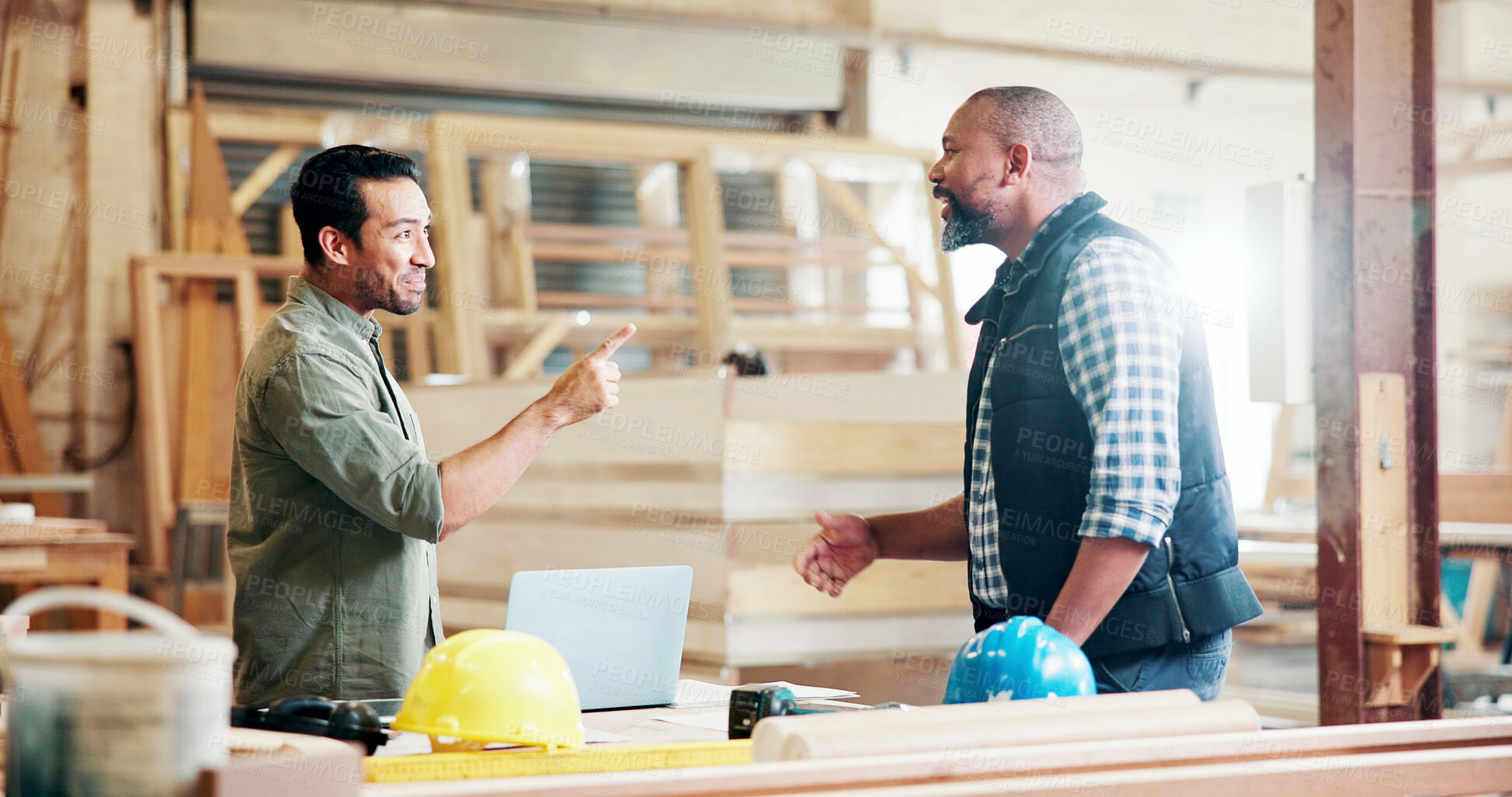 Buy stock photo Happy man, team and carpenter at factory with talk, planning and motivation for manufacturing job. People, smile and discussion with woodwork, insight and point for production at industrial warehouse