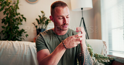 Buy stock photo Psychology, soldier or man with tapping in office, emotional freedom technique or anxiety counseling. Stress relief, therapy or veteran with therapeutic exercise for calm, coping skill or self care