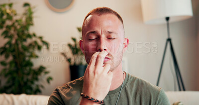 Buy stock photo Breathe, therapy and man on sofa for holistic healing, mindfulness or calm for counseling. Psychology, somatic therapist and person with pressure point for awareness, regulate emotions or eft tapping