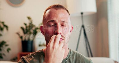 Buy stock photo Tapping, chakra and man in therapy on sofa for healing, mindfulness and calm for counseling. Psychology, somatic therapist and person with pressure point for awareness, emotion regulation and eft