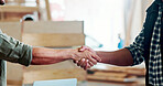 Team, people and handshake with carpenter at factory for thanks, success and promotion at plant. Technician, employee and shaking hands motivation, achievement and manufacturing job at warehouse