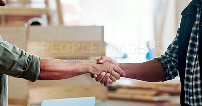 Buy stock photo Team, people and handshake with carpenter at factory for thanks, success and promotion at plant. Technician, employee and shaking hands motivation, achievement and manufacturing job at warehouse