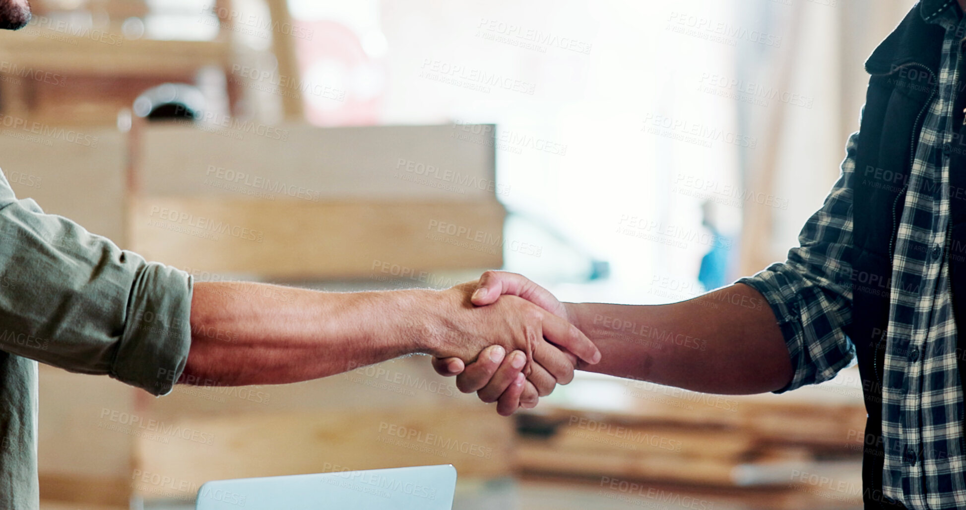 Buy stock photo Team, people and handshake with carpenter at factory for thanks, success and promotion at plant. Technician, employee and shaking hands motivation, achievement and manufacturing job at warehouse