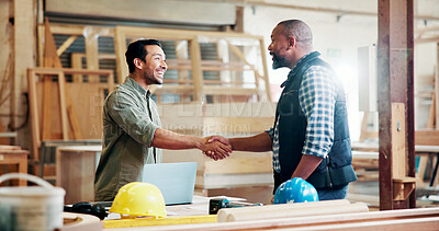 Buy stock photo Men, excited and handshake with carpenter at factory for thanks, success and promotion at plant. People, team and shaking hands with smile, motivation and achievement with manufacturing at warehouse