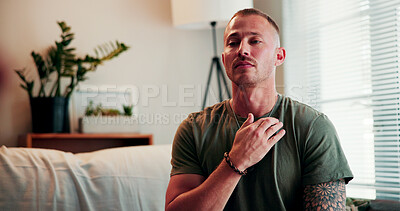 Buy stock photo Relax, eft and tapping with man on sofa in home for ptsd treatment, mental health and war veteran. Pressure point, soldier trauma release and army deployment with person in living room for self care