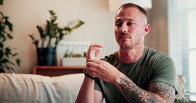 Buy stock photo Psychology, veteran or man with tapping in office, emotional freedom technique or anxiety counseling. Stress relief, therapy or soldier with therapeutic exercise for calm, coping skill or self care