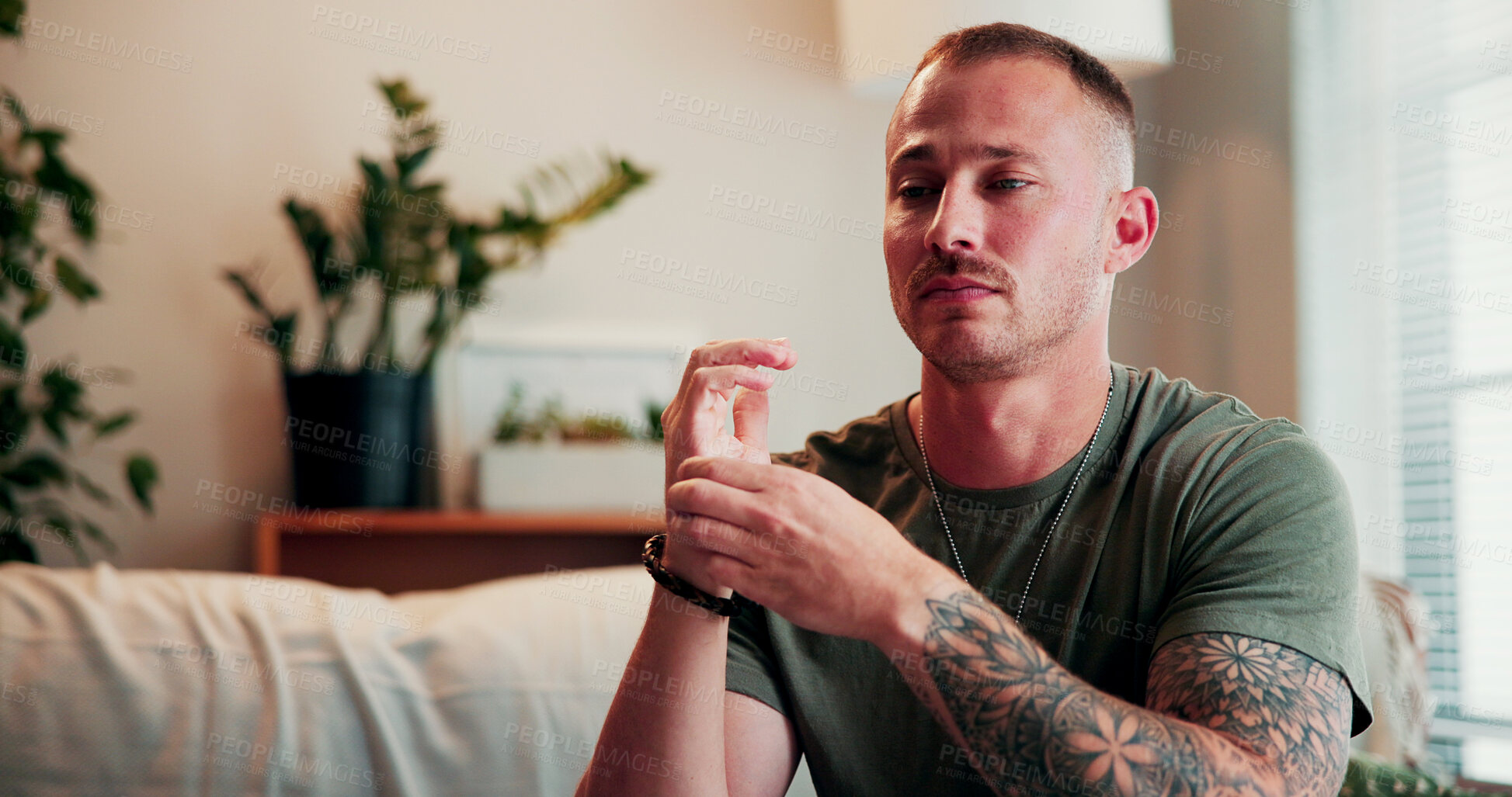 Buy stock photo Psychology, veteran or man with tapping in office, emotional freedom technique or anxiety counseling. Stress relief, therapy or soldier with therapeutic exercise for calm, coping skill or self care