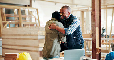 Buy stock photo Happy man, team and carpenter at factory with hug, excited and motivation for manufacturing job. People, smile and handshake with woodwork, support and embrace for achievement at industrial warehouse