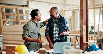 Buy stock photo Carpenter, people and talk in workshop with laptop, manager instruction or idea for manufacturing. Supervisor, men and discussion in factory with computer, teamwork or advice for woodwork production.