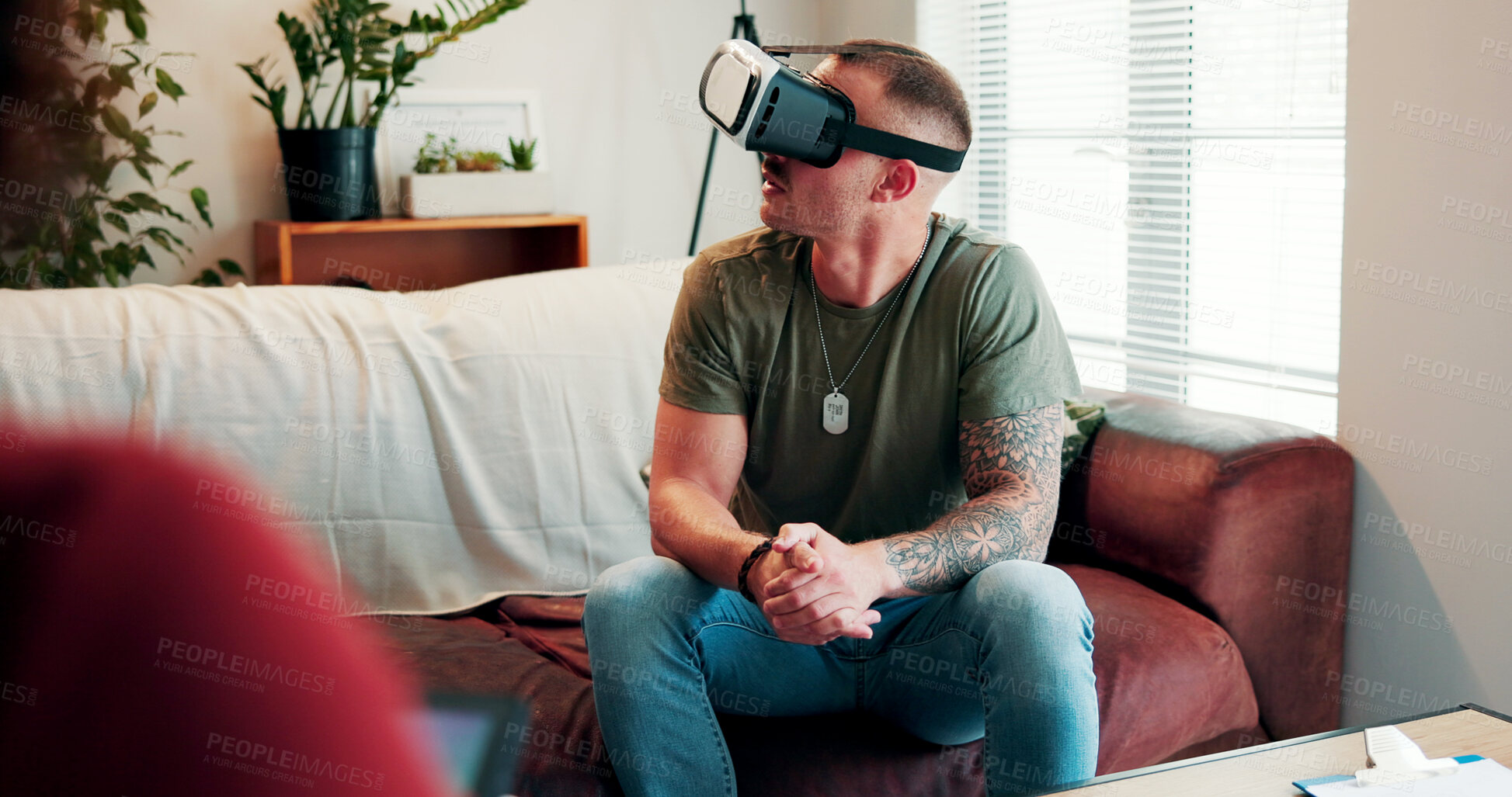 Buy stock photo Psychologist, veteran or patient with vr in clinic, trauma counseling or exposure therapy for ptsd. Mental health, therapist or man with war scenario simulation for healing, tech or rehab treatment