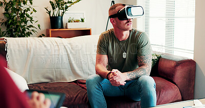 Buy stock photo Psychologist, soldier or patient with vr in clinic, trauma counseling or exposure therapy for ptsd. Mental health, therapist or man with war scenario simulation for healing, tech or rehab treatment