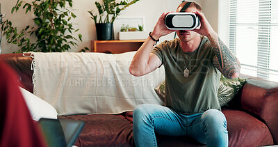 Buy stock photo Therapist, soldier and man with vr in clinic, trauma counseling or mental health help for rehabilitation. Exposure therapy, psychology or people with war scenario simulation for healing, tech or ptsd