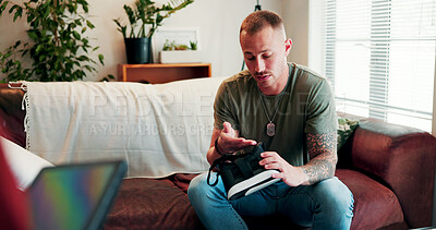 Buy stock photo Therapy, trauma and man with virtual reality in counseling for ptsd, interactive session and metaverse. Psychology, soldier and patient with vr goggles for digital simulation, observation and healing