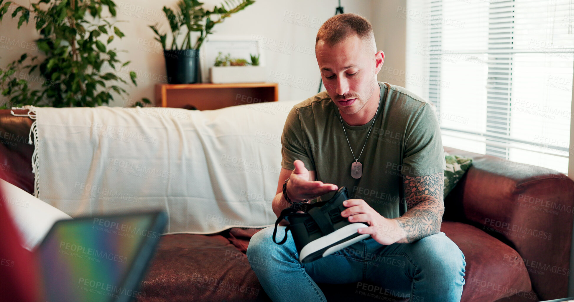 Buy stock photo Therapy, trauma and man with virtual reality in counseling for ptsd, interactive session and metaverse. Psychology, soldier and patient with vr goggles for digital simulation, observation and healing