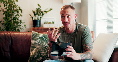 Buy stock photo Therapy, soldier and man with virtual reality in counseling for ptsd, interactive session and metaverse. Psychology, veteran and patient with vr goggles for digital simulation, observation or healing