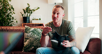 Buy stock photo Therapy, conversation and man with virtual reality in counseling for ptsd, interactive session and help. Psychology, soldier and patient with vr goggles for digital simulation, observation or healing