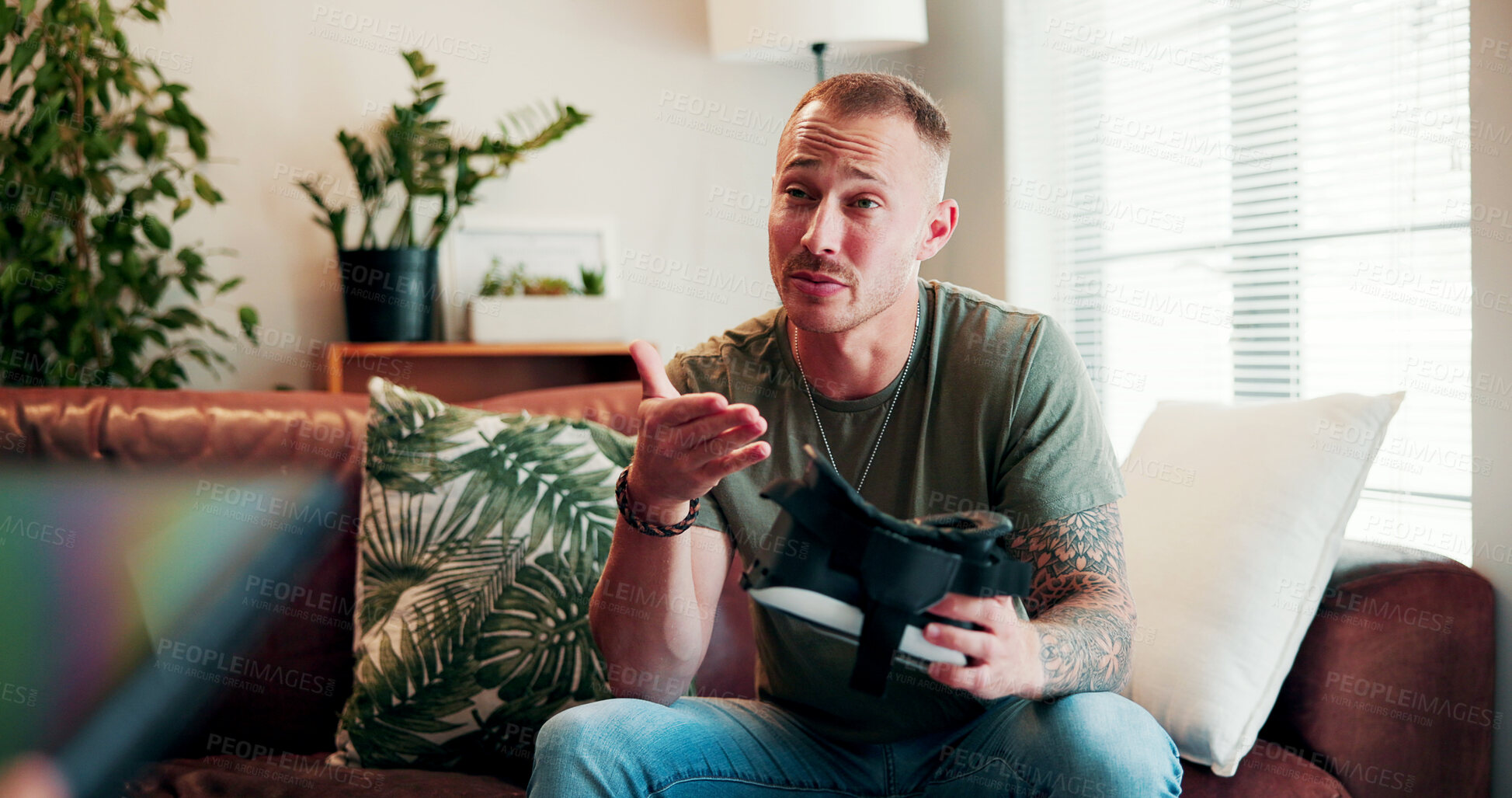 Buy stock photo Therapy, conversation and man with virtual reality in counseling for ptsd, interactive session and help. Psychology, soldier and patient with vr goggles for digital simulation, observation or healing