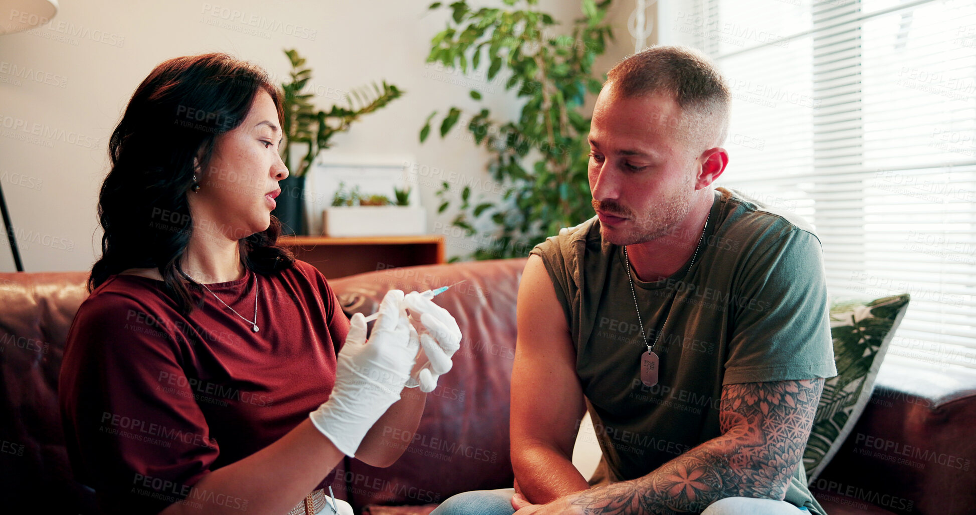 Buy stock photo Needle, consultation and nurse with man on sofa in home for medical checkup with immunization. Professional, injection and healthcare worker with male patient for wellness shot in living room. 