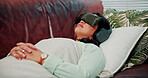 Headphones, psychology or woman with blindfold on couch, sensory deprivation or anxiety counseling. Relaxation therapy, calm or person with mindfulness training for ptsd, therapeutic audio or tech