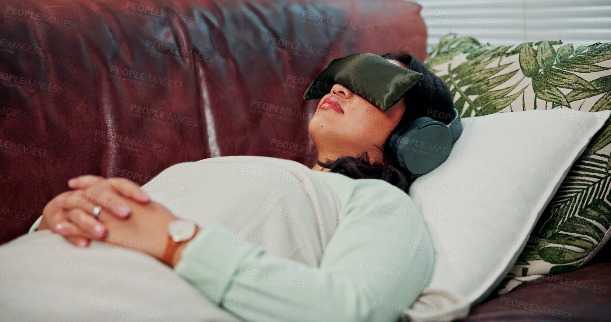 Buy stock photo Headphones, psychology or woman with blindfold on couch, sensory deprivation or anxiety counseling. Relaxation therapy, calm or person with mindfulness training for ptsd, therapeutic audio or tech