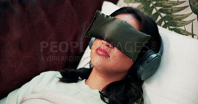 Buy stock photo Headphones, therapy and woman on sofa with eye mask for sensory deprivation, microdosing and counseling. Psychology, psilocybin and person with blindfold for treatment, emotion regulation and anxiety