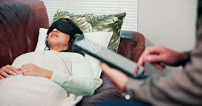 Buy stock photo Psychology, treatment and woman on sofa with headphones, relax or psychedelic counseling. Mental health, psilocybin therapy and person on couch with alternative medicine for anxiety, trauma or stress
