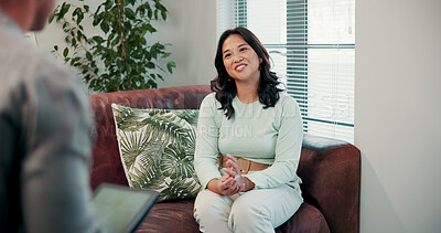 Buy stock photo Mental health, therapist or woman in clinic with tablet, help or evaluation in counseling visit. Consultation, patient or psychologist with tech, assessment checklist or advice in support session.