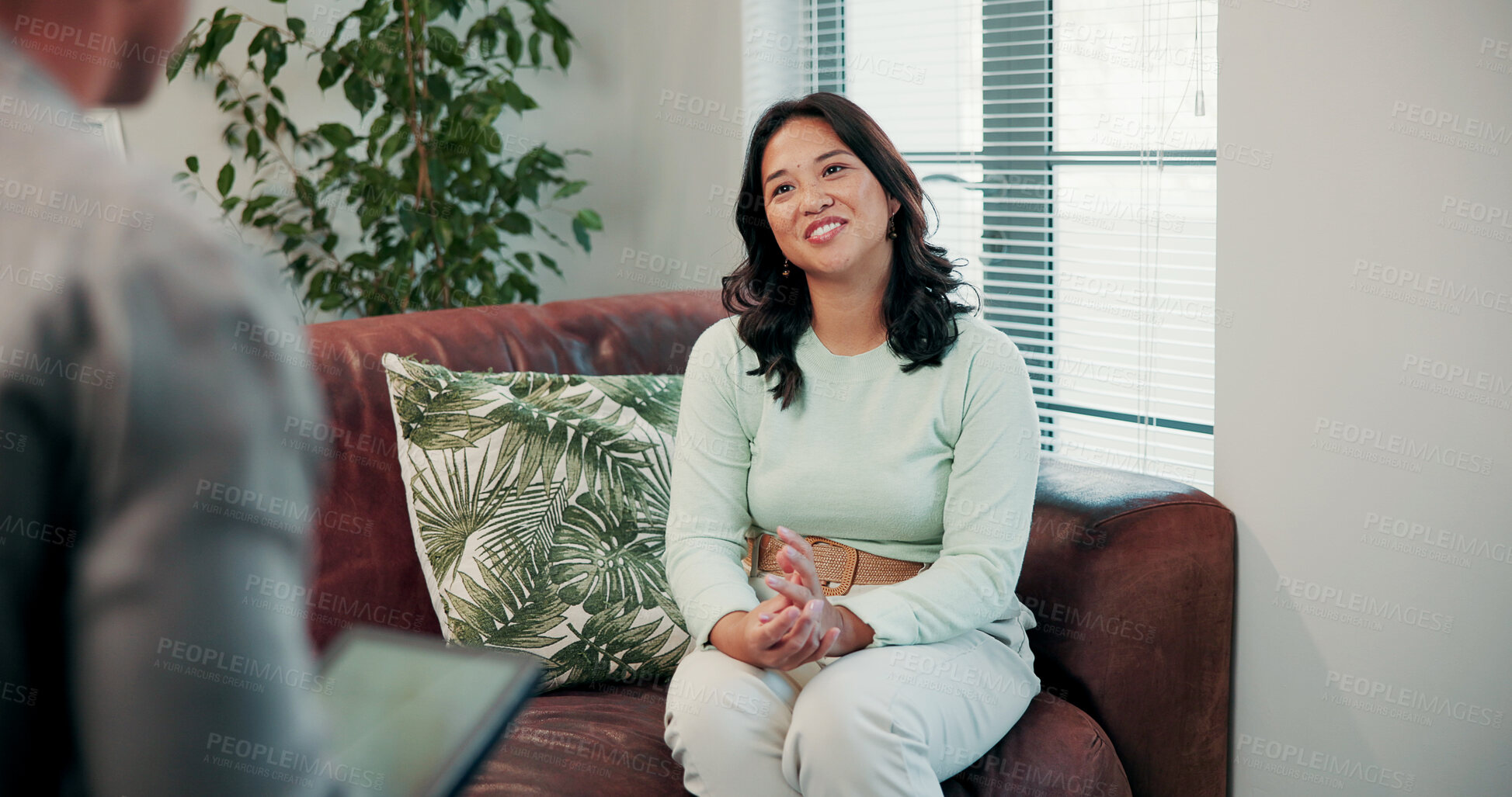 Buy stock photo Mental health, therapist or woman in clinic with tablet, help or evaluation in counseling visit. Consultation, patient or psychologist with tech, assessment checklist or advice in support session.