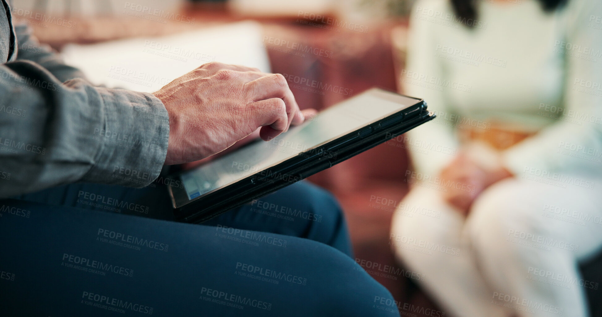 Buy stock photo Mental health, therapist or hands in office with tablet, help or evaluation in counseling visit. People, patient or psychologist in clinic with tech, assessment checklist or advice in support session
