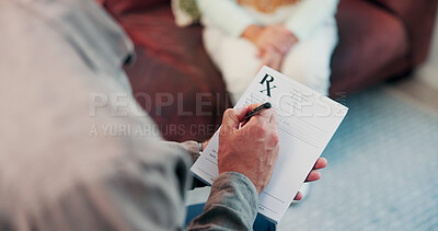 Buy stock photo Notepad, writing and therapist in office for therapy session with mental health assessment. Counseling, book and psychiatrist with research for patient information with support, help or advice.