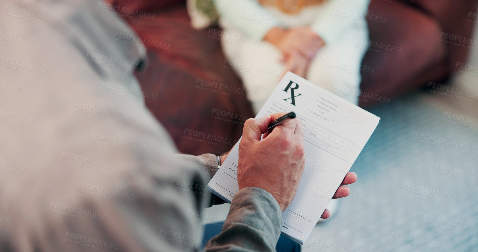 Buy stock photo Notepad, writing and therapist in office for therapy session with mental health assessment. Counseling, book and psychiatrist with research for patient information with support, help or advice.