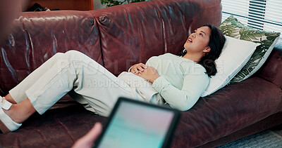 Buy stock photo Therapy, woman and conversation with grief, stress and sharing for counselling and mental health. Psychology, patient and tablet for evaluation in clinic with consultation, anxiety or trauma support